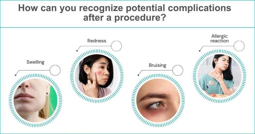 Infographic showing four post-procedure complications: swelling, redness, bruising, and allergic reaction, each with a photo.
